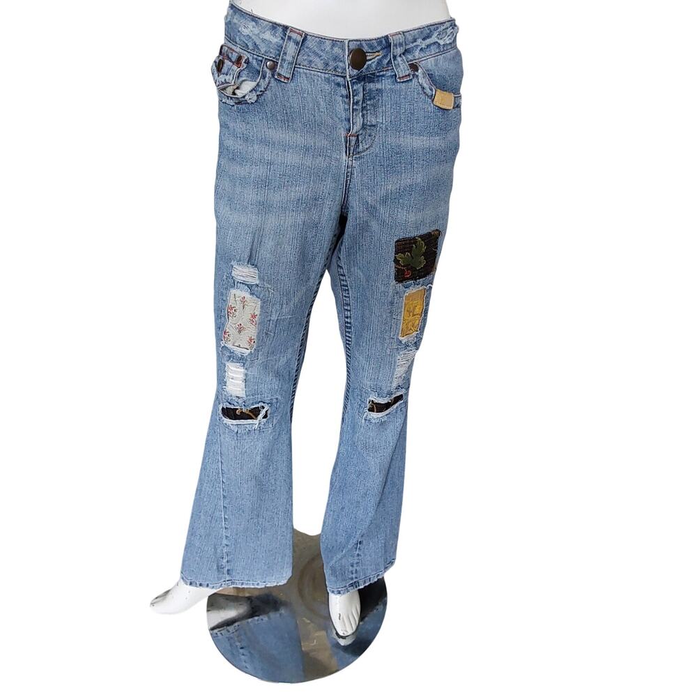 Cache Distressed Boho Hippie Patch Boot Flare Jea… - image 3